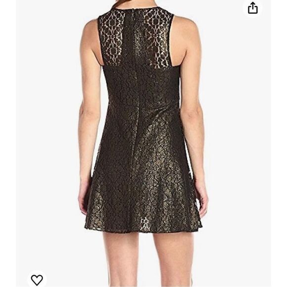 BCBGeneration 0 black and gold lace Women's Flare Mini Dress - Picture 2 of 7